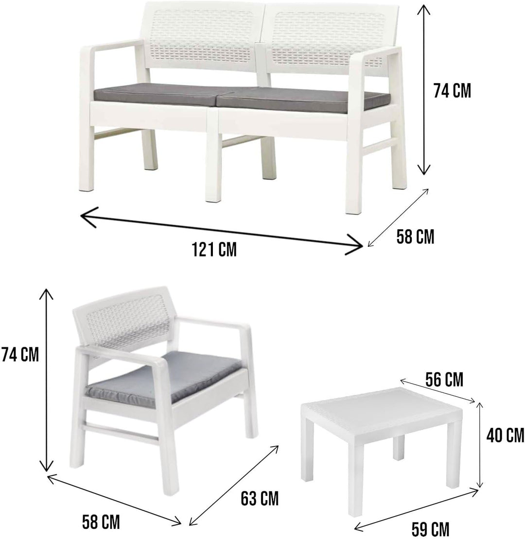Dmora Indoor- und Outdoor-Lounge bestehend aus: 2 Sesseln, 1 Zweisitzer-Sofa und 1 Couchtisch, mit K