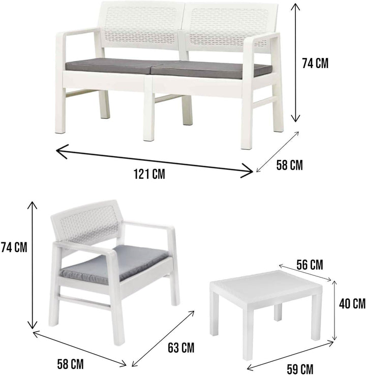 Dmora Indoor- und Outdoor-Lounge bestehend aus: 2 Sesseln, 1 Zweisitzer-Sofa und 1 Couchtisch, mit K