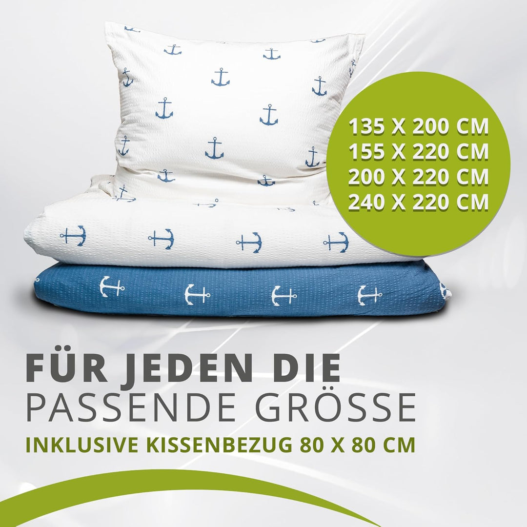 Traumschlaf Seersucker Sommer Wende-Bettwäsche Anker - Bügelfrei - maritim Set 135x200 cm + 80x80 cm