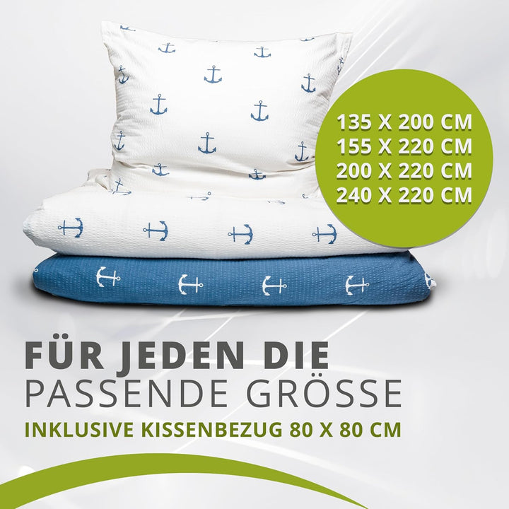 Traumschlaf Seersucker Sommer Wende-Bettwäsche Anker - Bügelfrei - maritim Set 135x200 cm + 80x80 cm