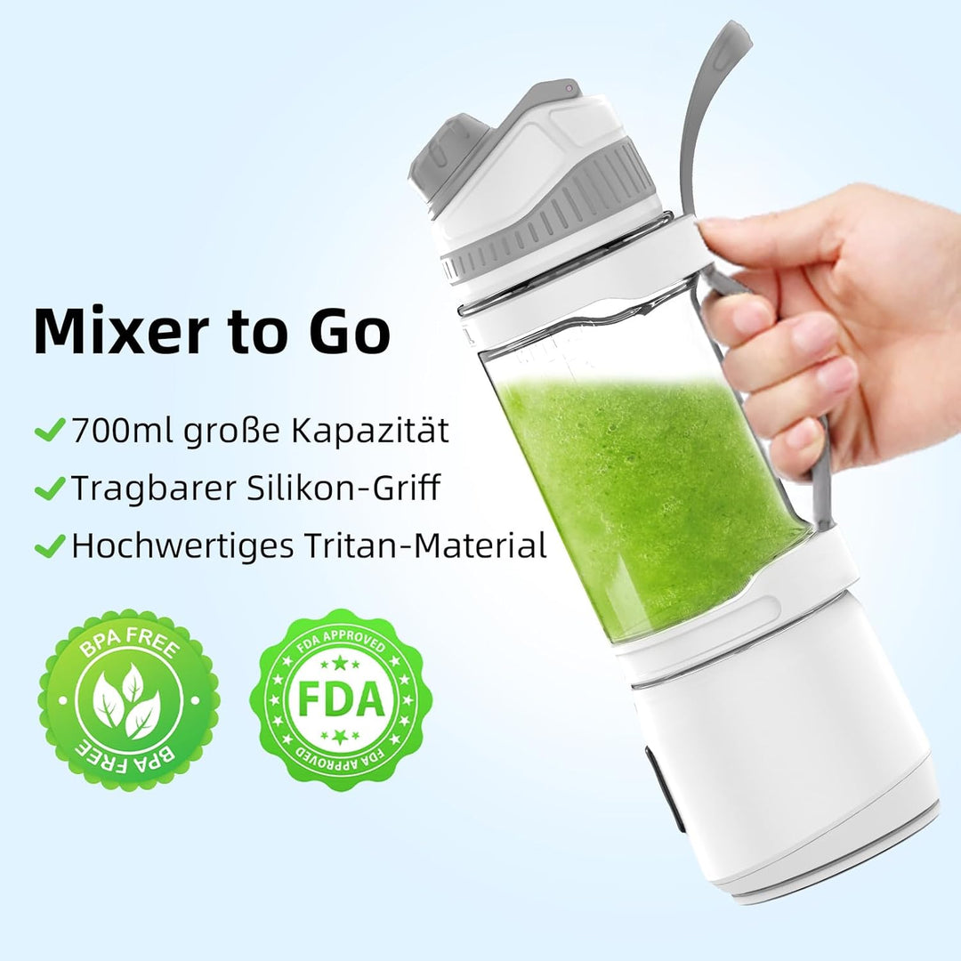 DENOKIN Tragbarer Mixer, 700ml Smoothie Maker to Go, Mini-Standmixer mit 6-Klingen Edelstahl, Wieder