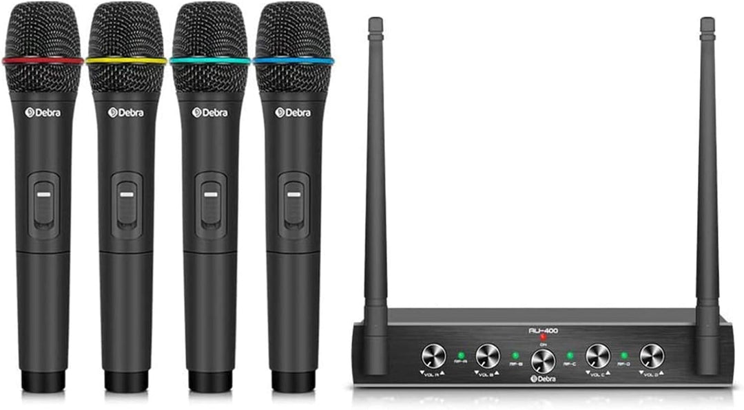Debra Audio Pro UHF 4-Kanal-Funkmikrofonsystem mit schnurlosem Lavalier-Headset-Mikrofon, Metallempf