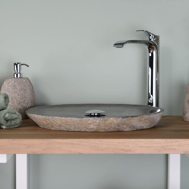 Naturstein Waschbecken 50 cm grau rund - Flussstein-Waschbecken flach Aufsatzwaschbecken WOHNFREUDEN