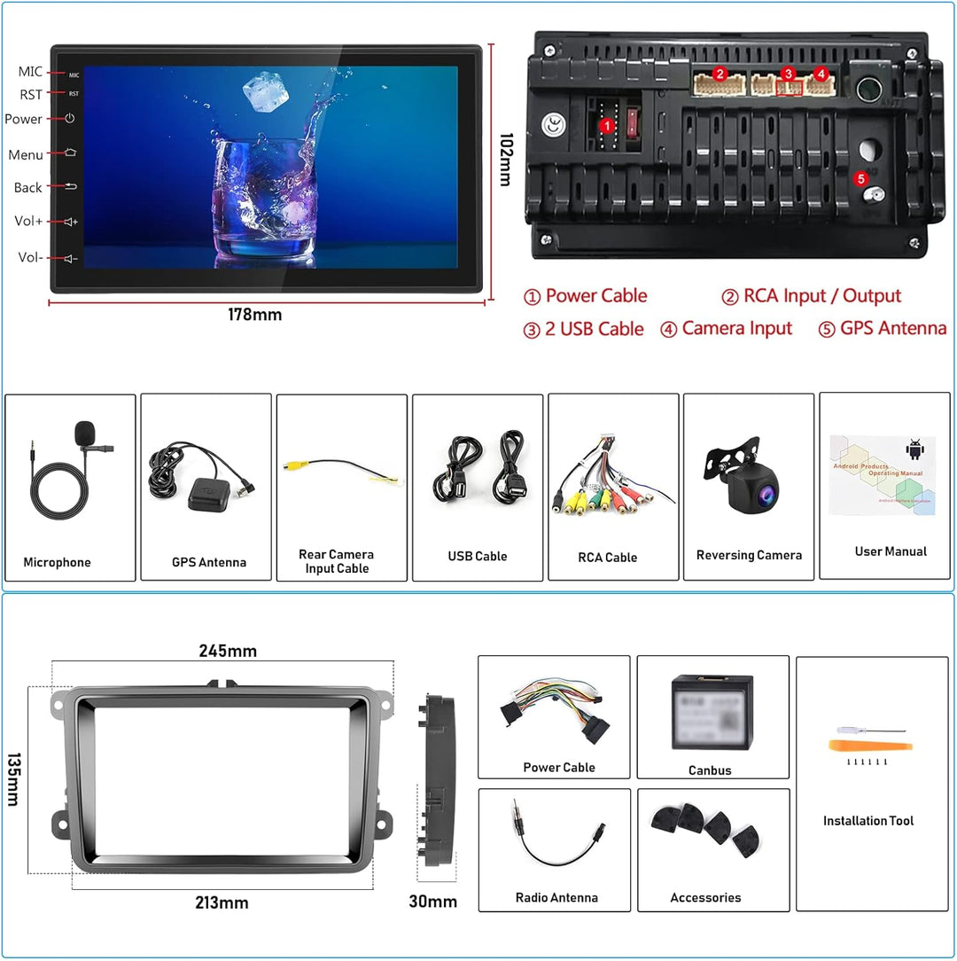 2G+32G Android 11 Autoradio Carplay mit Navi Für Volkswagen Can be Used with 17,8 cm Host Universal