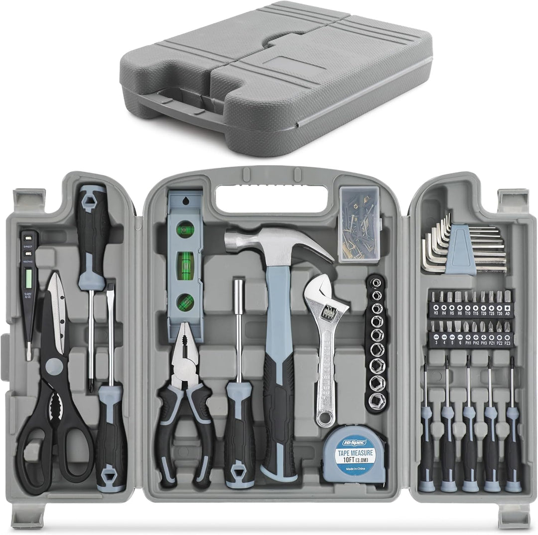 Hi-Spec 54-TLG. Werkzeugkasten-Set in Grau, gefüllt mit Werkzeugen für Haushalt und Garage. Werkzeug