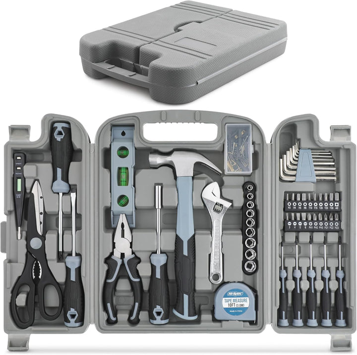 Hi-Spec 54-TLG. Werkzeugkasten-Set in Grau, gefüllt mit Werkzeugen für Haushalt und Garage. Werkzeug
