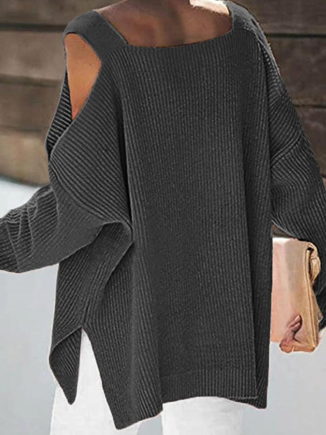 CUPSHE Damen Strickpullover Karrée Ausschnitt Langarm Seitenschlitz Feinstrick Schulterfreier Pulli