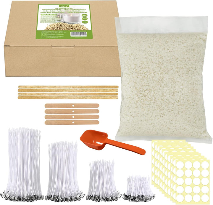 JBEIY 1 KG Kerzen Wachs Set, Natürliches Sojawachs, mit 200 Stück Dochte in 4 Grössen, 100 Dochtaufk