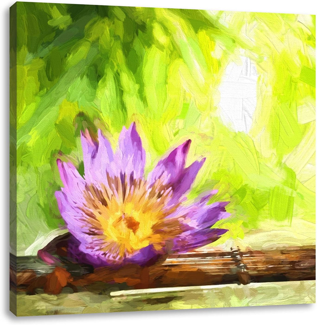 Pixxprint Zierliche Seerose auf Bambus, Format: 70x70 auf Leinwand, riesige Bilder fertig gerahmt mi
