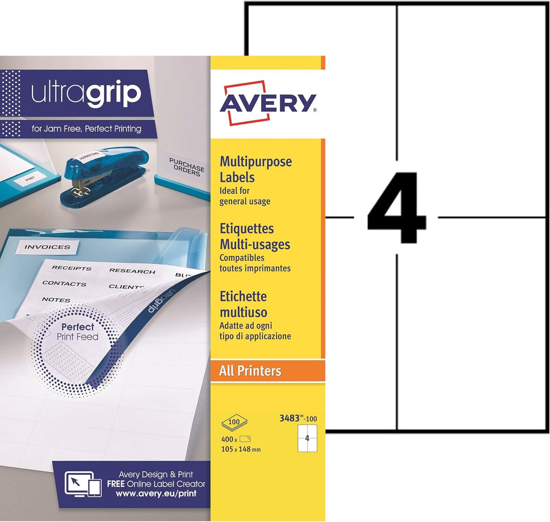Avery 400 selbstklebende Etiketten, mehrzweck (4 Pro Blatt) – 105 x 148 mm – Eindruck Laser, Tintens