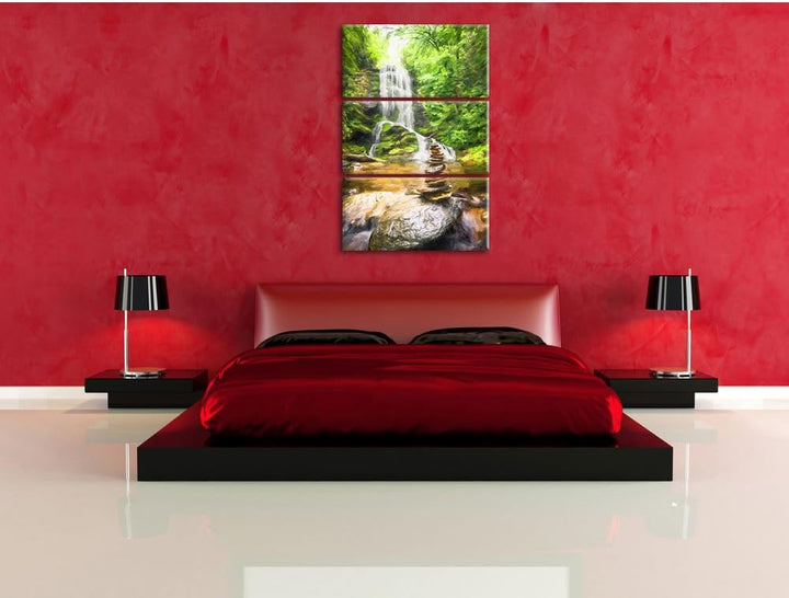 Pixxprint Zen Steine vor Wasserfall Kunst als Leinwandbild/Grösse: 3 Teilig (120x80 cm) cm/Wandbild/