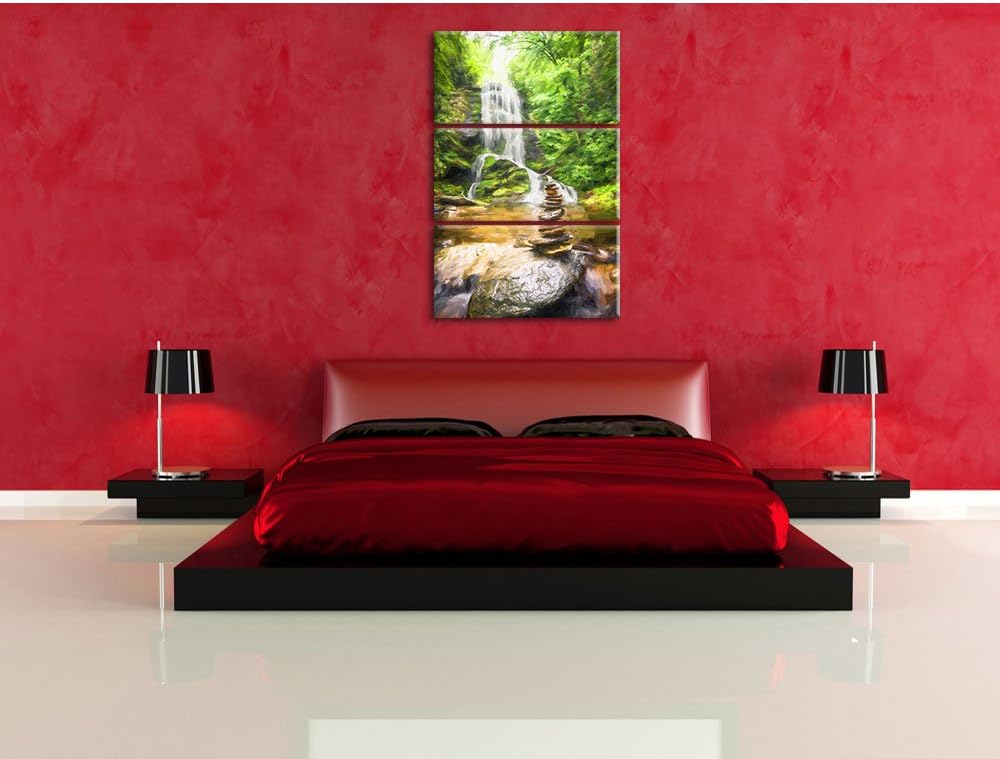 Pixxprint Zen Steine vor Wasserfall Kunst als Leinwandbild/Grösse: 3 Teilig (120x80 cm) cm/Wandbild/
