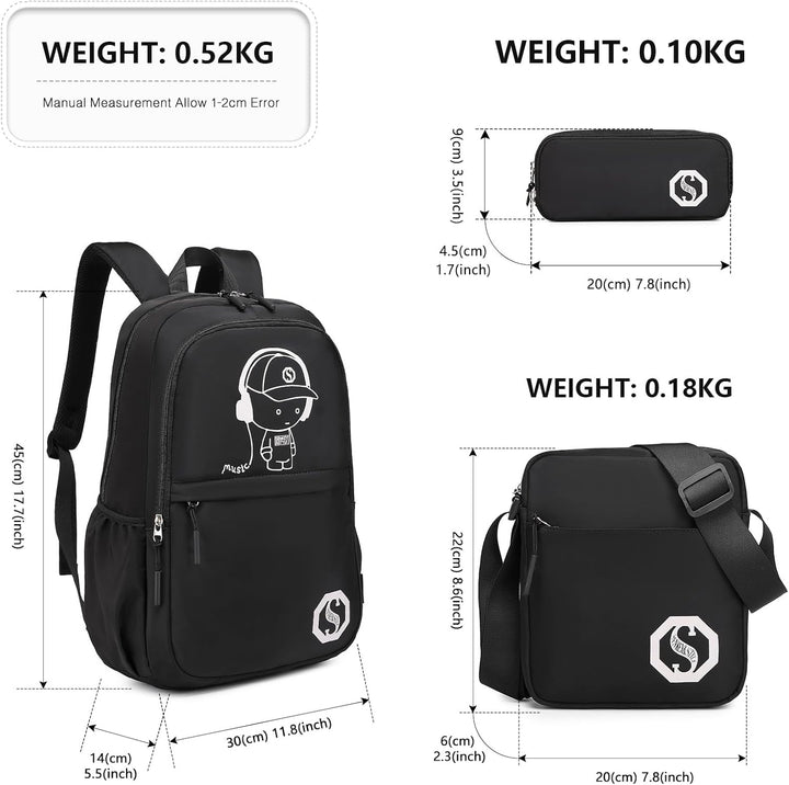 KONO Leuchtender Schulrucksack 3-in-1 Set, Anime Jungen Schulranzen Umhängetasche Federmäppchen, 15.