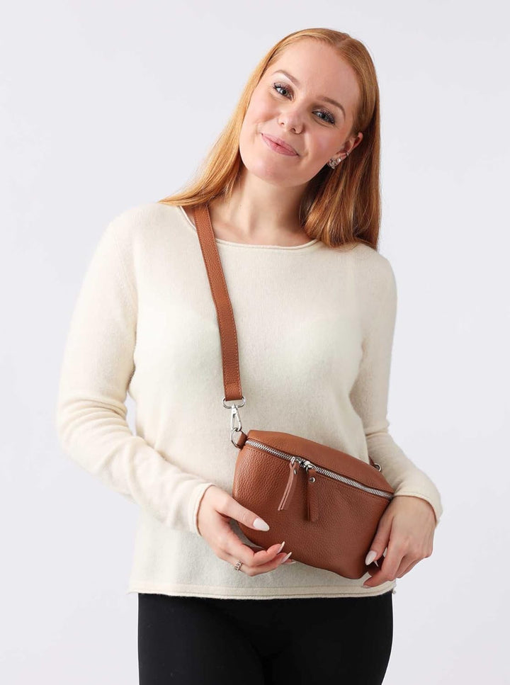 Zwillingsherz Bauchtasche mit Reissverschluss aus 100% Echtleder - Hochwertige Schultertasche zum Um