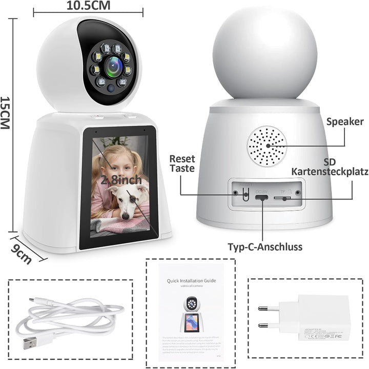 OKYUK Überwachungskamera Innen, 3MP Zwei Wege Video Innenkamera mit 2.8 Zoll Bildschirm, 2K Kamera Ü