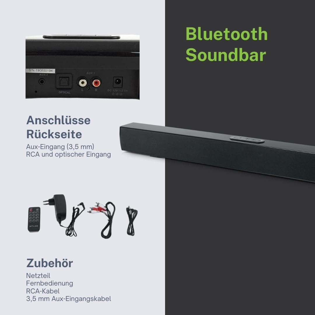 Muse TV Soundbar Bluetooth mit optischem Eingang, AUX-In und RCA-Eingang, 50 Watt Ausgangsleistung