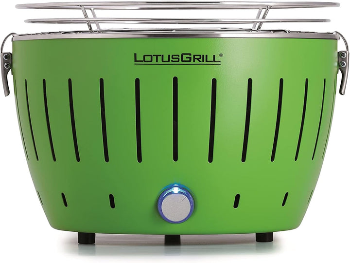 LotusGrill S Small Kompakt Starter-Set Limettengrün der raucharme Holzkohlegrill mit 2,5 kg Buchenho