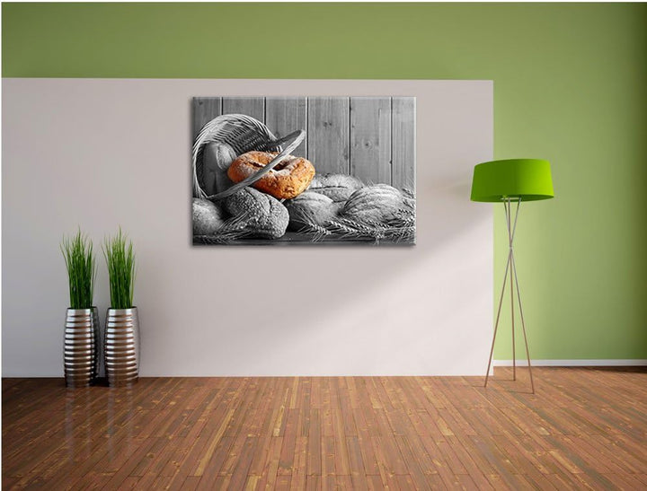 frisch gebackene Brötchen in geflochtenem Korb schwarz/weiss Format: 100x70 auf Leinwand, XXL riesig