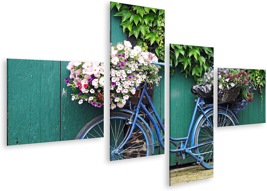islandburner Bild auf Leinwand Fahrrad Blumen Bilder Wandbilder Poster Leinwand 150x80cm - 4 Teile,