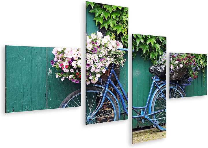 islandburner Bild auf Leinwand Fahrrad Blumen Bilder Wandbilder Poster Leinwand 150x80cm - 4 Teile,