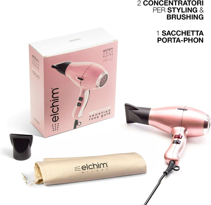 elchim 3900 Healthy Ionic Venetian Rosegold Schuko-Steckdose mit Baumwollbeutel – professioneller Ha