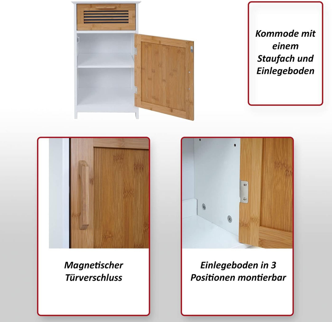 Mendler Kommode HWC-A85, Badezimmerkommode Badschrank Bambus, 71x40x31cm weiss