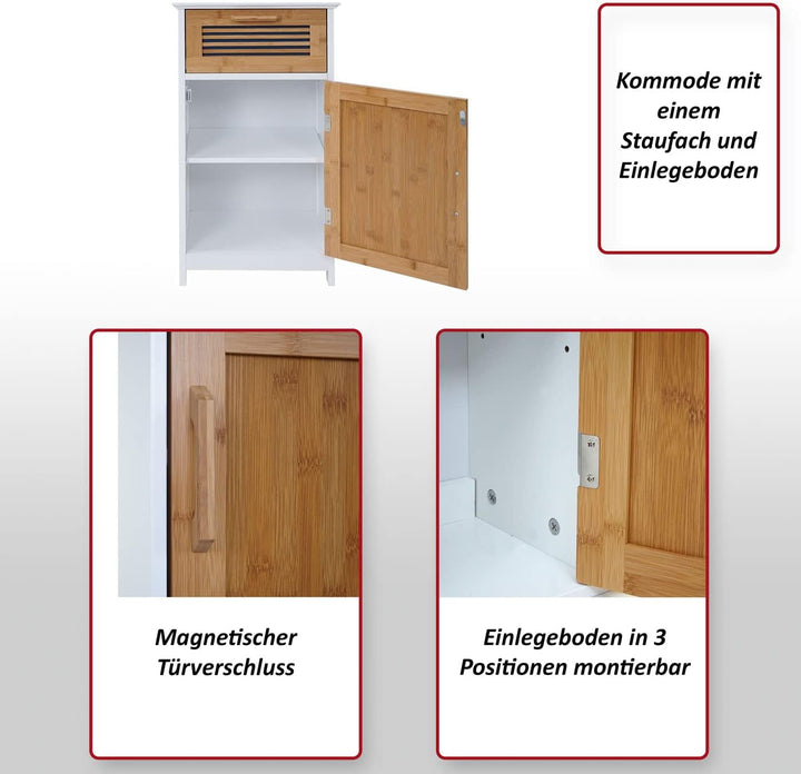 Mendler Kommode HWC-A85, Badezimmerkommode Badschrank Bambus, 71x40x31cm weiss