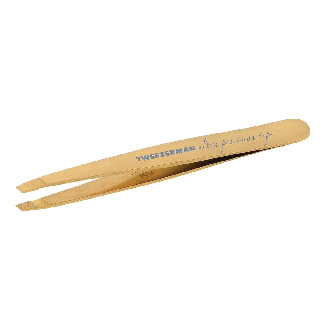 TWEEZERMAN Pinzette zum Augenbrauen zupfen, Schräge Spitze, Rostfreier Edelstahl, Gold, Gold