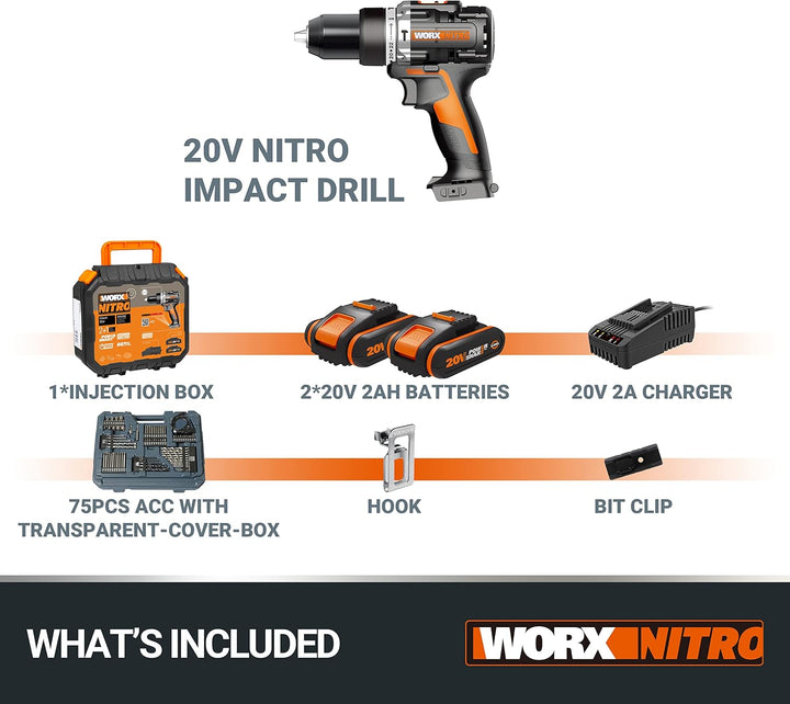 WORX NITRO 18V(20V MAX) Akku-Schlagbohrmaschine WX352.4, PowerShare, bürstenloser Motor, 60Nm, varia