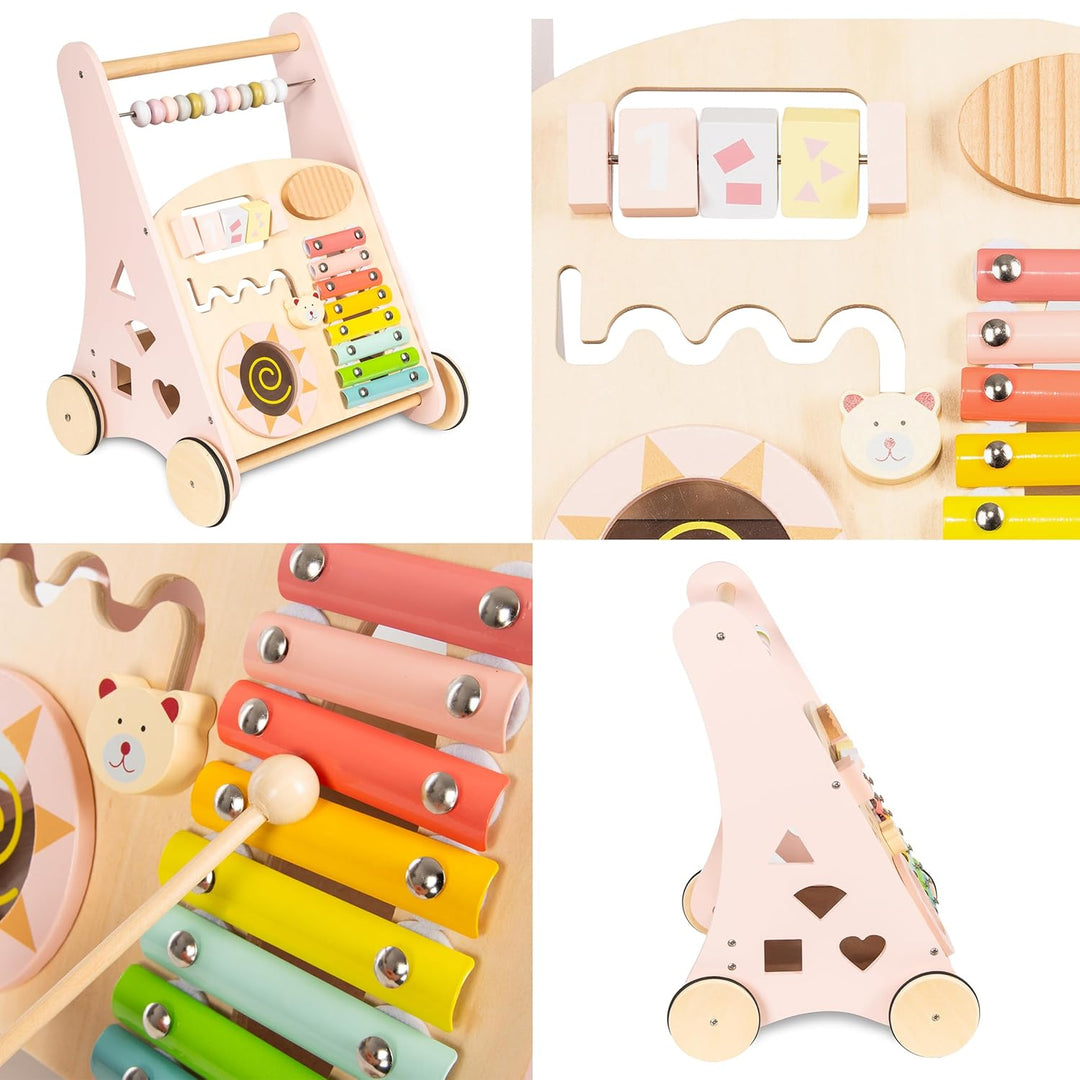 COIL Babywalker Lauflernwagen 3in1, Kinderwagen aus Holz, Lernspielzeug, ab 12 Monaten (Rosa), Rosa