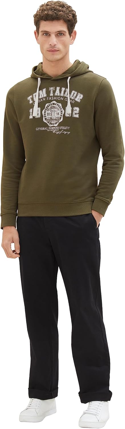 TOM TAILOR Herren Basic Hoodie Sweatshirt mit Logo-Print L 13050 - Olive Night Green, L 13050 - Oliv