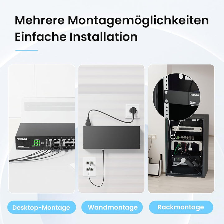 Tenda TEG1016D Gigabit Switch 16 Port 19 Zoll Rackeinbau Netzwerk Switch (Plug-und-Play, 32Gbit/s Sw