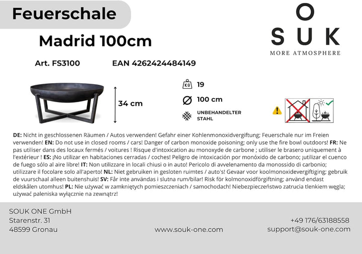 SOUK ONE Feuerschalen, Feuerschale Ø 100 cm Madrid - Feuerstelle für den Garten, Terrasse und Balkon