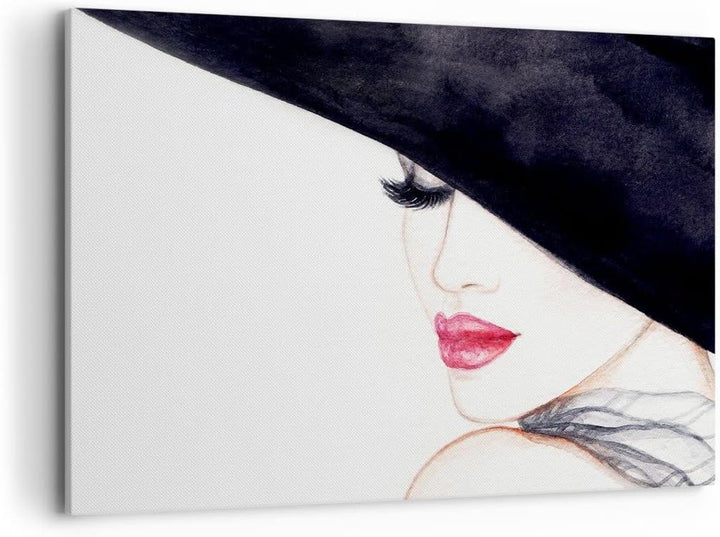 Bilder auf Leinwand 100x70cm Leinwandbild Frau Lippen Hut Eleganz Gross Wanddeko Bild Schlafzimmer K