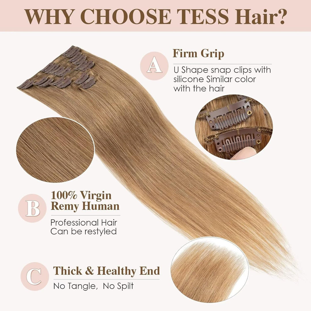 TESS Clip in Extensions Echthaar Blond, Echthaar Extensions Clip 8pcs 25 cm (50 g) Hair Extensions C