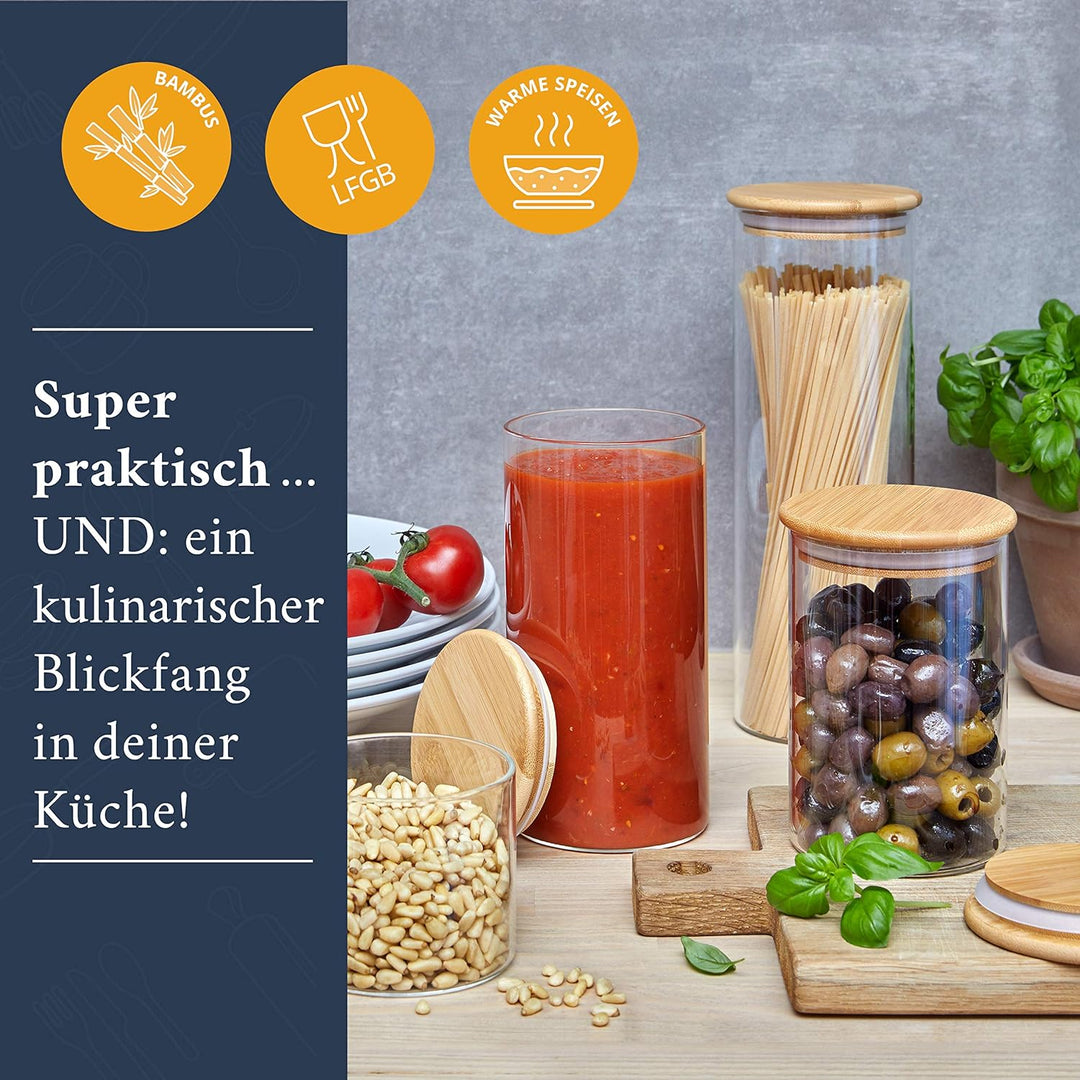 HIKITCHEN® Vorratsgläser aus 3mm dickem Borosilikatglas - Vorratsdosen Glas mit Bambusdeckel, Glasbe