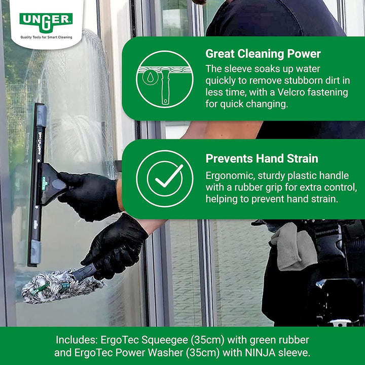 UNGER ErgoTec Ninja Fensterreinigungs Starter-Set 2in1 (inkl. Einwascher + Abzieher, für professione