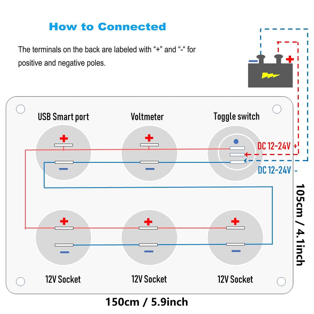 Thlevel 6 in 1 Multifunktionspanel 12V Steckdose Dual USB Ladegerät Blau LED Voltmeter Kippschalter