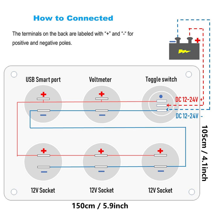 Thlevel 6 in 1 Multifunktionspanel 12V Steckdose Dual USB Ladegerät Blau LED Voltmeter Kippschalter