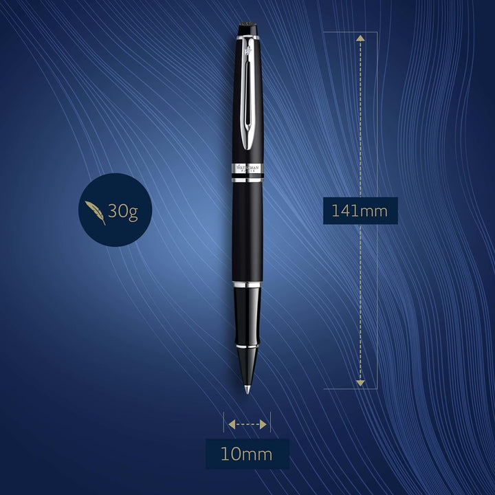 Waterman Expert Tintenroller | Mattschwarz | Chromzierteile| feine Spitze | Schwarz | Geschenkbox Ma