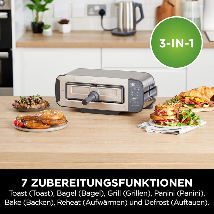 Ninja Foodi 3-in-1 Toaster, Elektrogrill mit Deckel, Panini-Presse mit Flip-Design, 7 Kochfunktionen