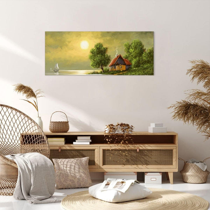 Wandbilder Dekoration Wohnzimmer Boot Wasser Hütte Panorama Bilder auf Leinwand 120x50cm Leinwandbil