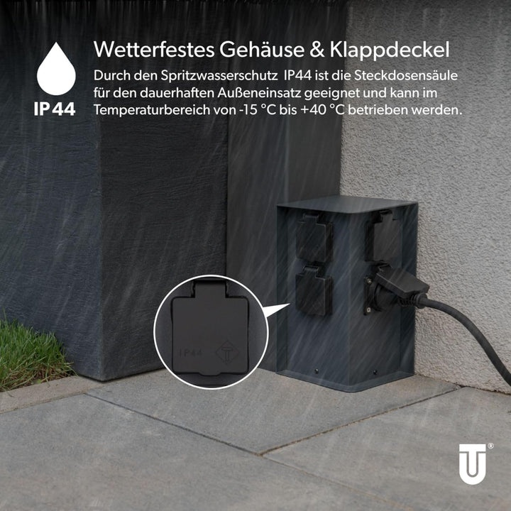 UNITEC Steckdosenverteiler für den Garten, Steckdosensäule, Aussensteckdose Edelstahl, IP 44, 4 Stec