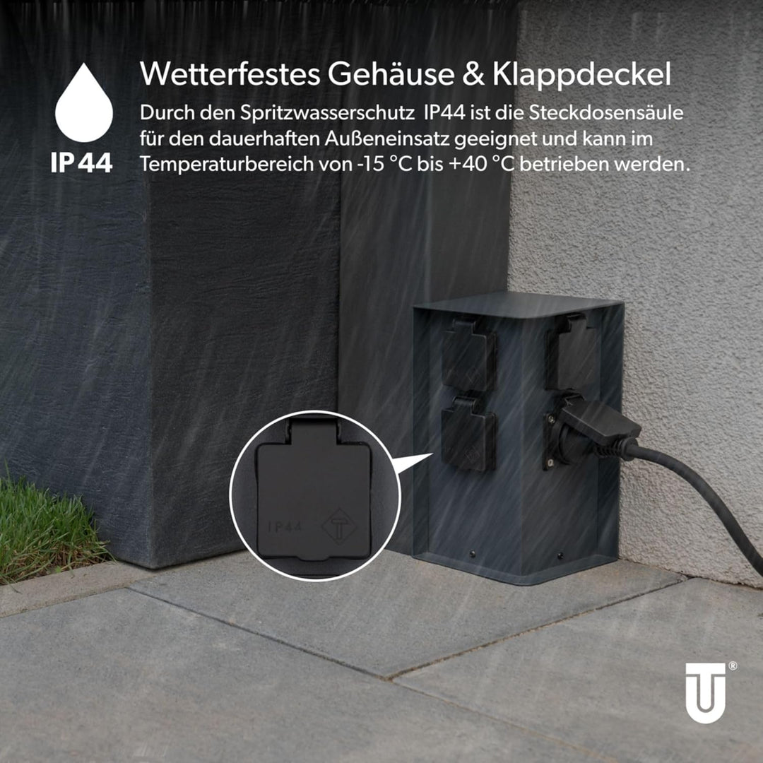 UNITEC Steckdosenverteiler für den Garten, Steckdosensäule, Aussensteckdose Edelstahl, IP 44, 4 Stec