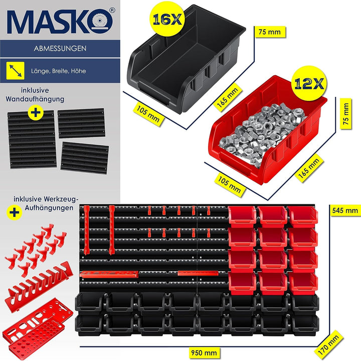 MASKOยฎ Wandregal + Stapelboxen + Werkzeughalter | 45 TLG Box | Erweiterbar | Werkstattregal Lagerreg