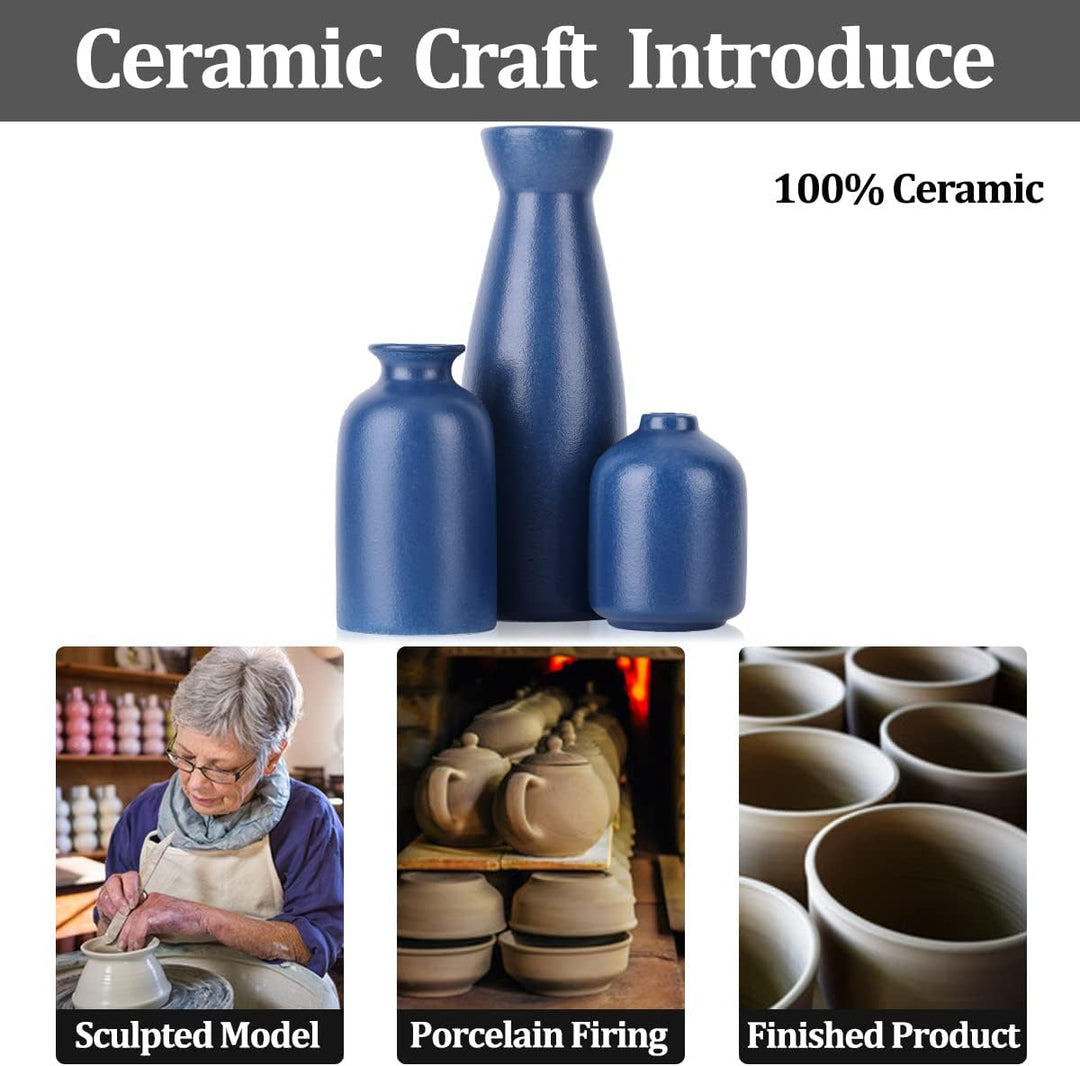 Blaues Keramikvasen-Set – 3 marineblaue Vasen, landhausblaue Vasen als Heimdekoration, Wohnzimmerdek