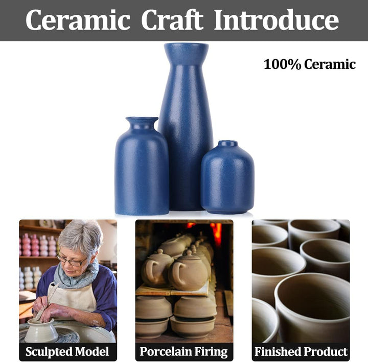 Blaues Keramikvasen-Set – 3 marineblaue Vasen, landhausblaue Vasen als Heimdekoration, Wohnzimmerdek