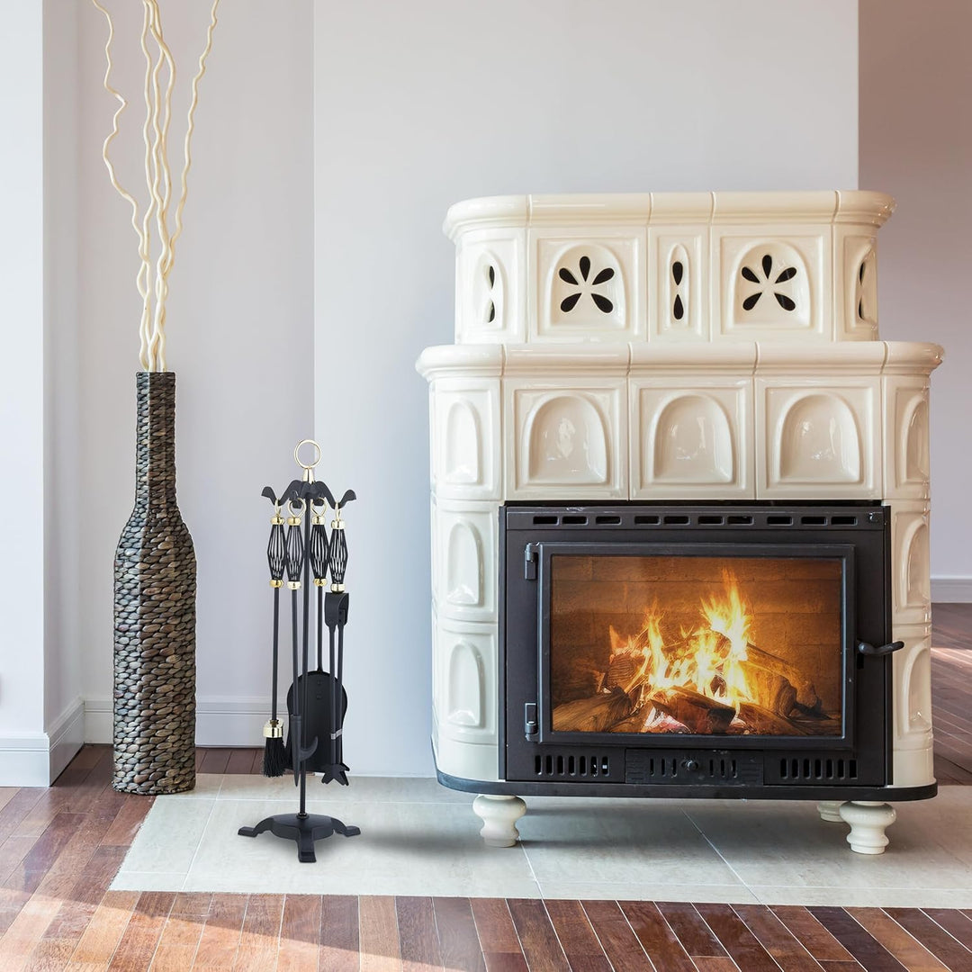 Relaxdays Kaminbesteck 5tlg. Set, Schürhaken, Ascheschaufel, Besen, Zange & Ständer, Eisen, Kamingar