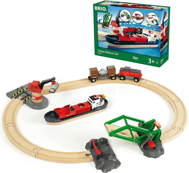 BRIO World 33061 Container Hafen Set - Mit Hafenbrücke und beweglichem Kran zum Beladen des Frachtsc