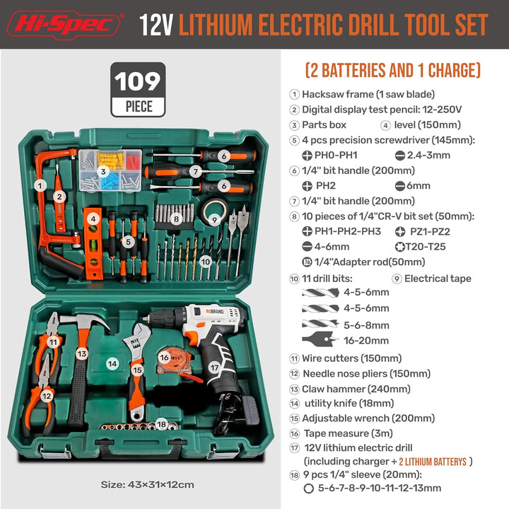 Hi-Spec 109 tlg. Werkzeugkoffer mit Akkuschrauber - Umfangreiches Werkzeug und Bohrerset mit 12V Ele